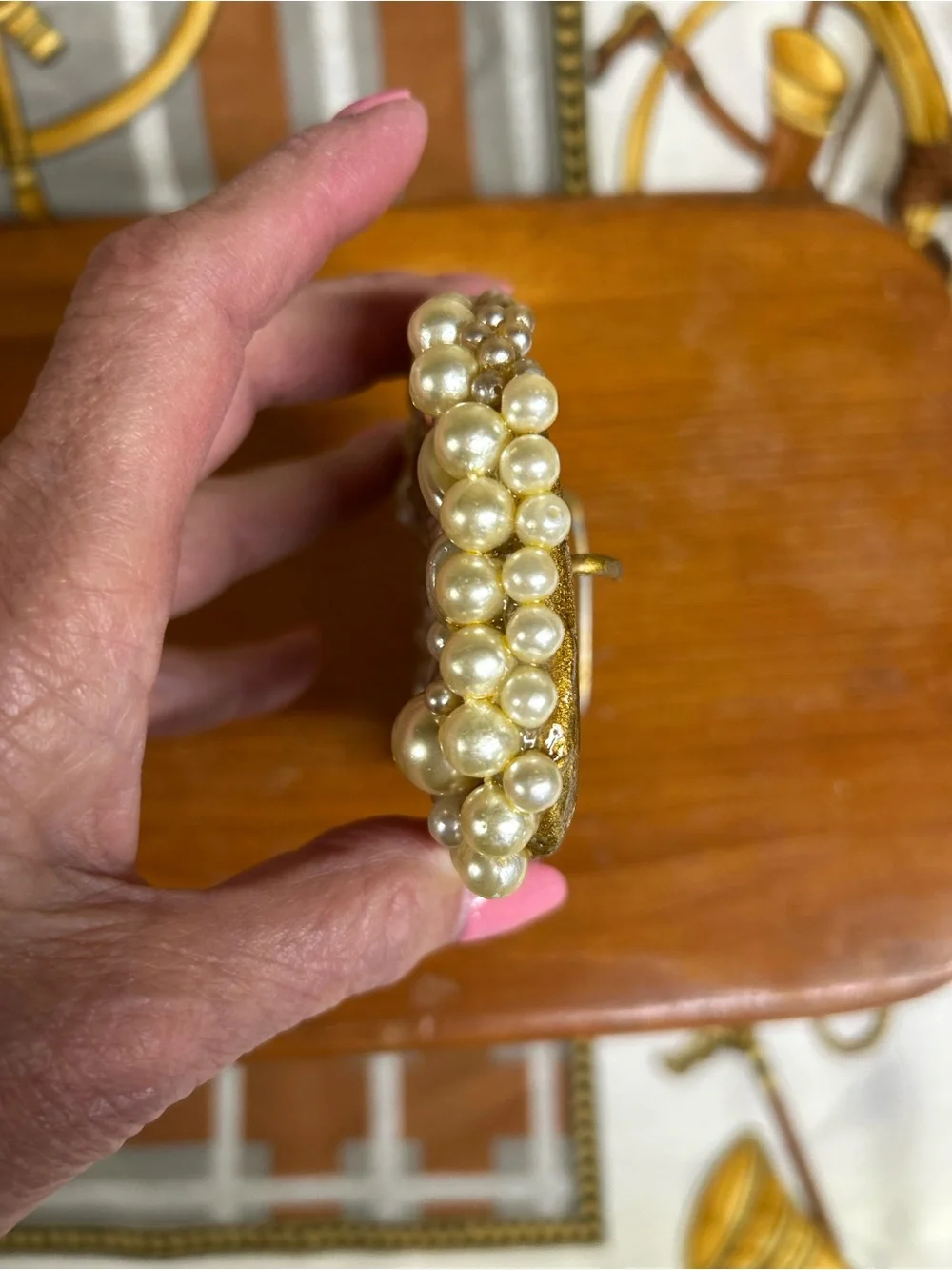 Vintage Custom Made Art Inspired Pearl Beaded Embellished - Gold & Cream Buckle